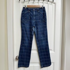 Funky Patchwork Mid Wash High Waist Straight Leg Denim Jeans. 30” x 30